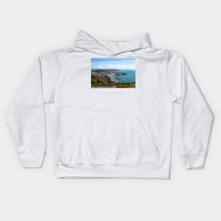 Beautiful welsh coastal path looking down at seaside town Aberystwyth Kids Hoodie